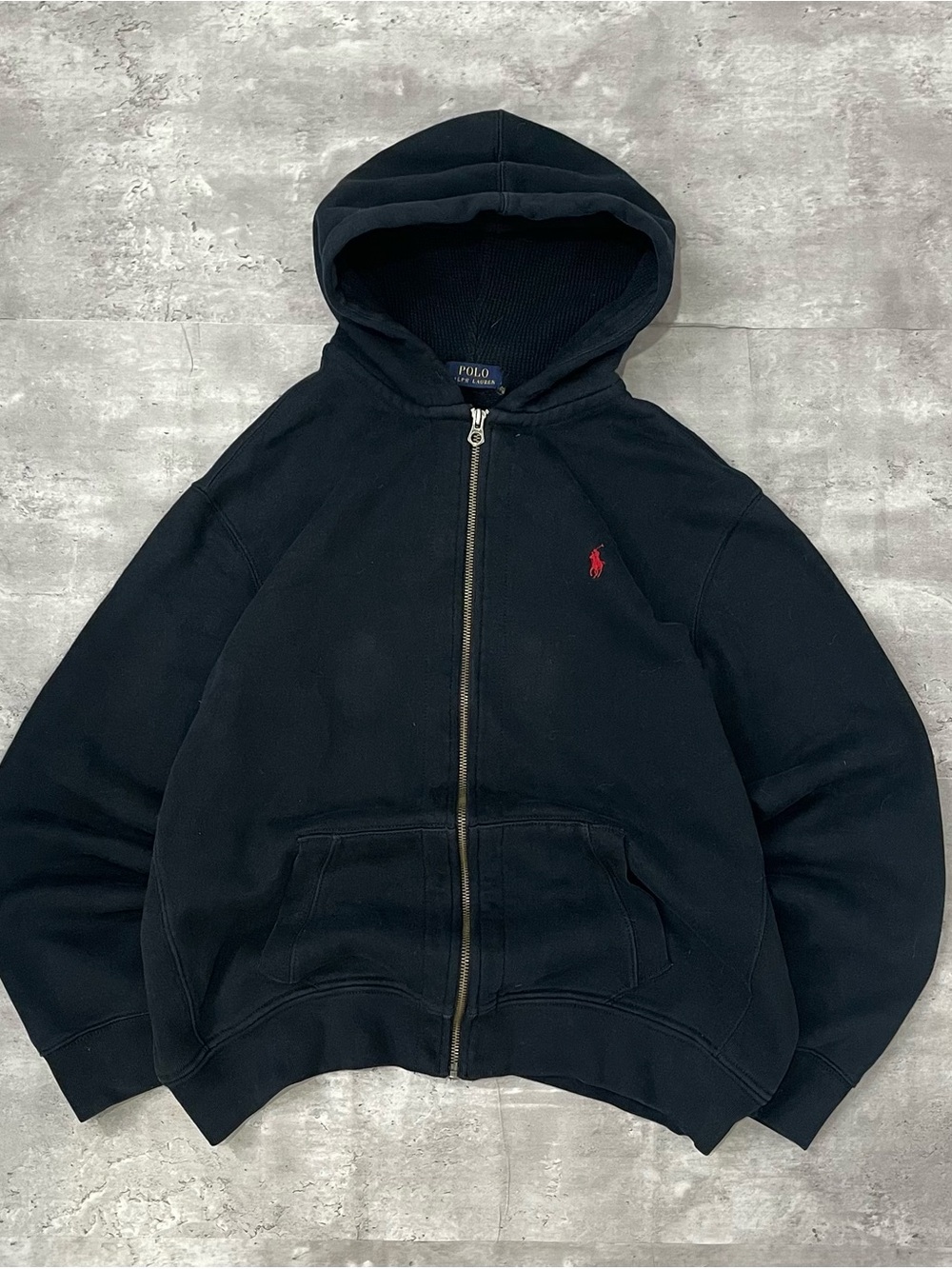 Polo Ralph Lauren Zip Up Hoodie Black Red Pony Waffle Lined Mens XL